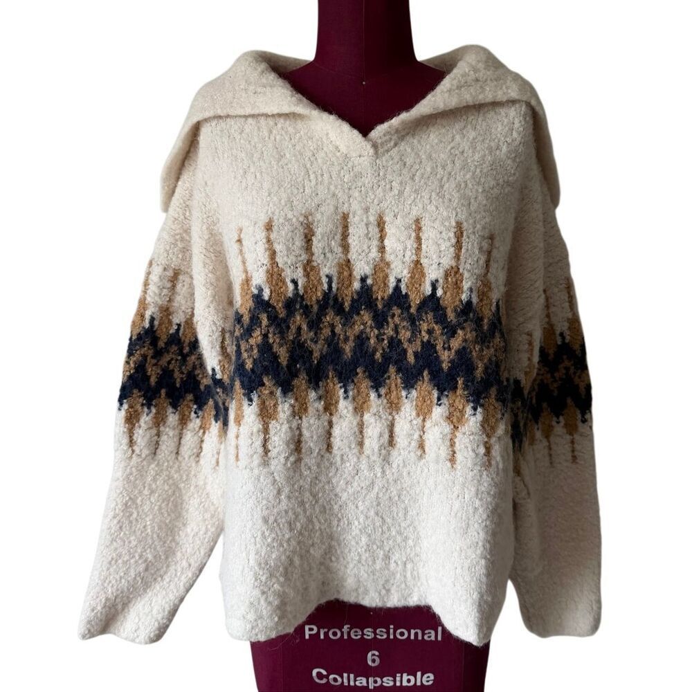 J Crew Sweater Fair Isle Johnny-Collar Boucle Yarn Wool Blend Cream Tan Large - Picture 3 of 10